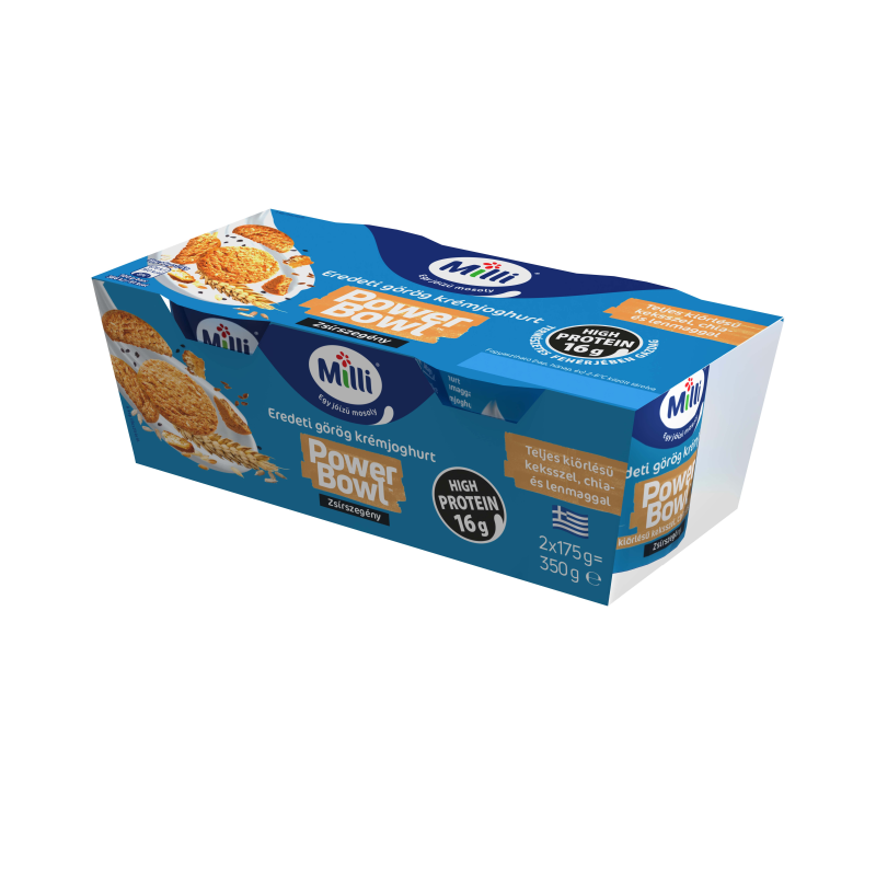 Milli Power Bowl eredeti görög joghurt 2x175 g teljes kiőrlásű keksszel, chia- és lenmaggal